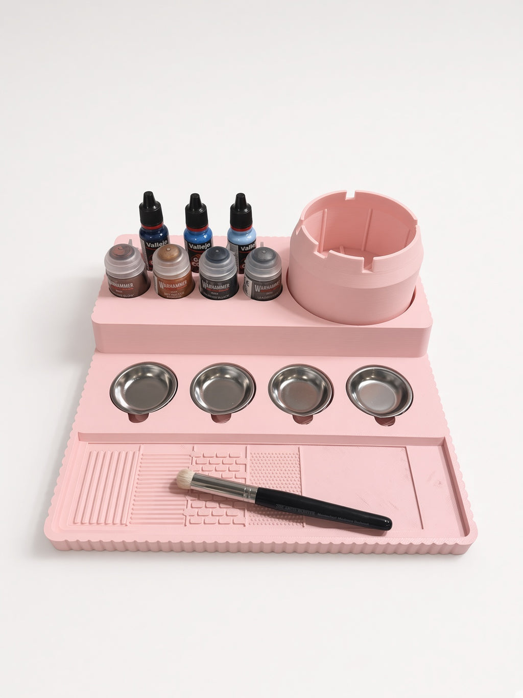 Painting Tray Pro XL in use with paints, dropper bottles, water cup and brush