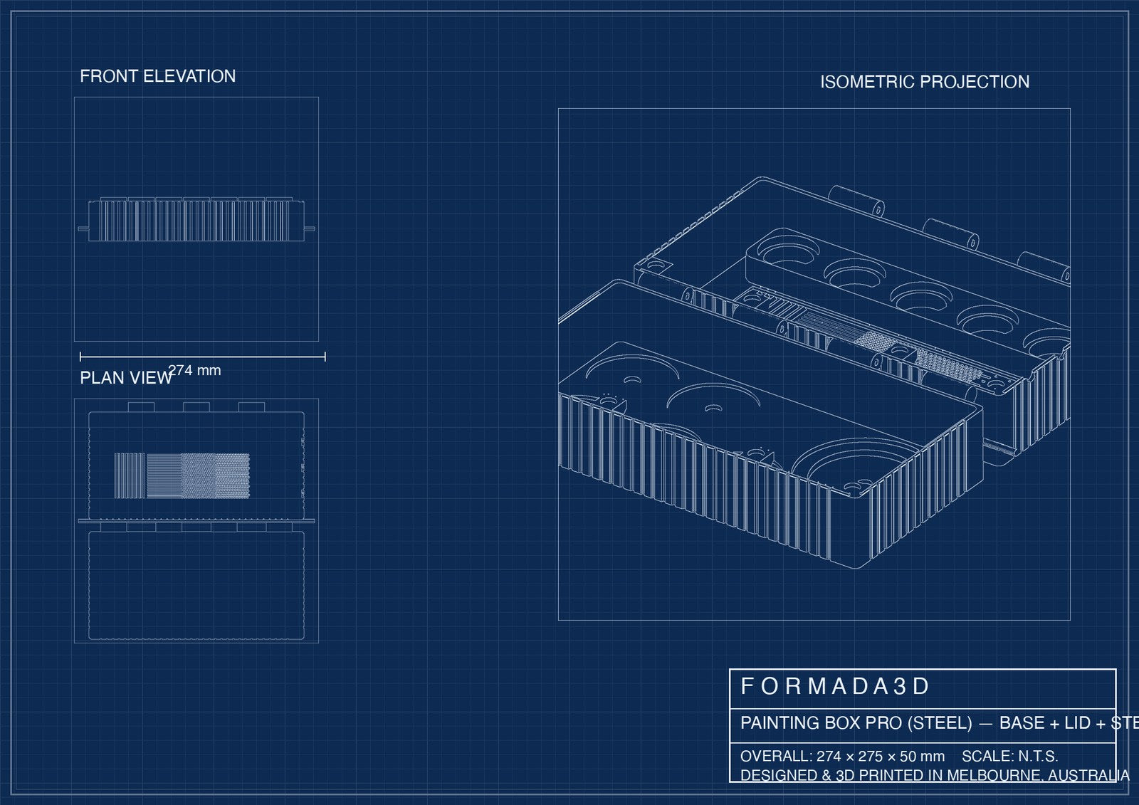 Assembly blueprint — base + lid + steel rod
