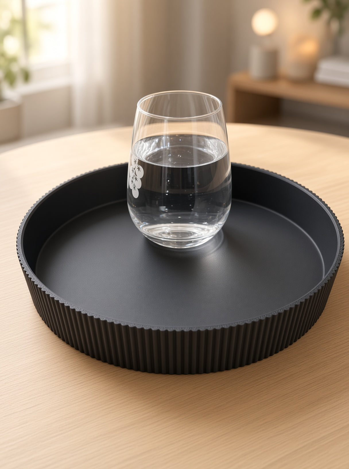 Fluted Round Tray black in use as valet tray with water glass