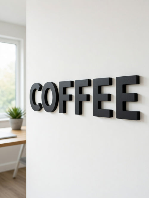 3D printed wall letters spelling COFFEE in a modern room
