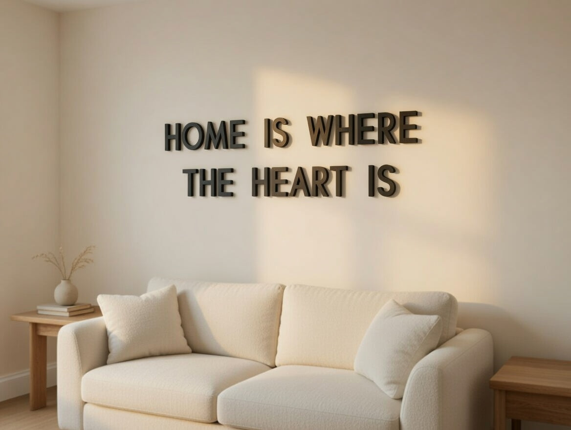 Modern minimal 3D printed letters spelling a quote on a living room wall