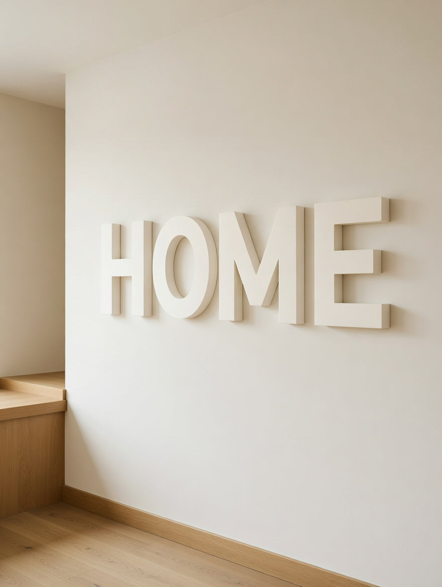 Modern minimal HOME letters mounted in a beige hallway