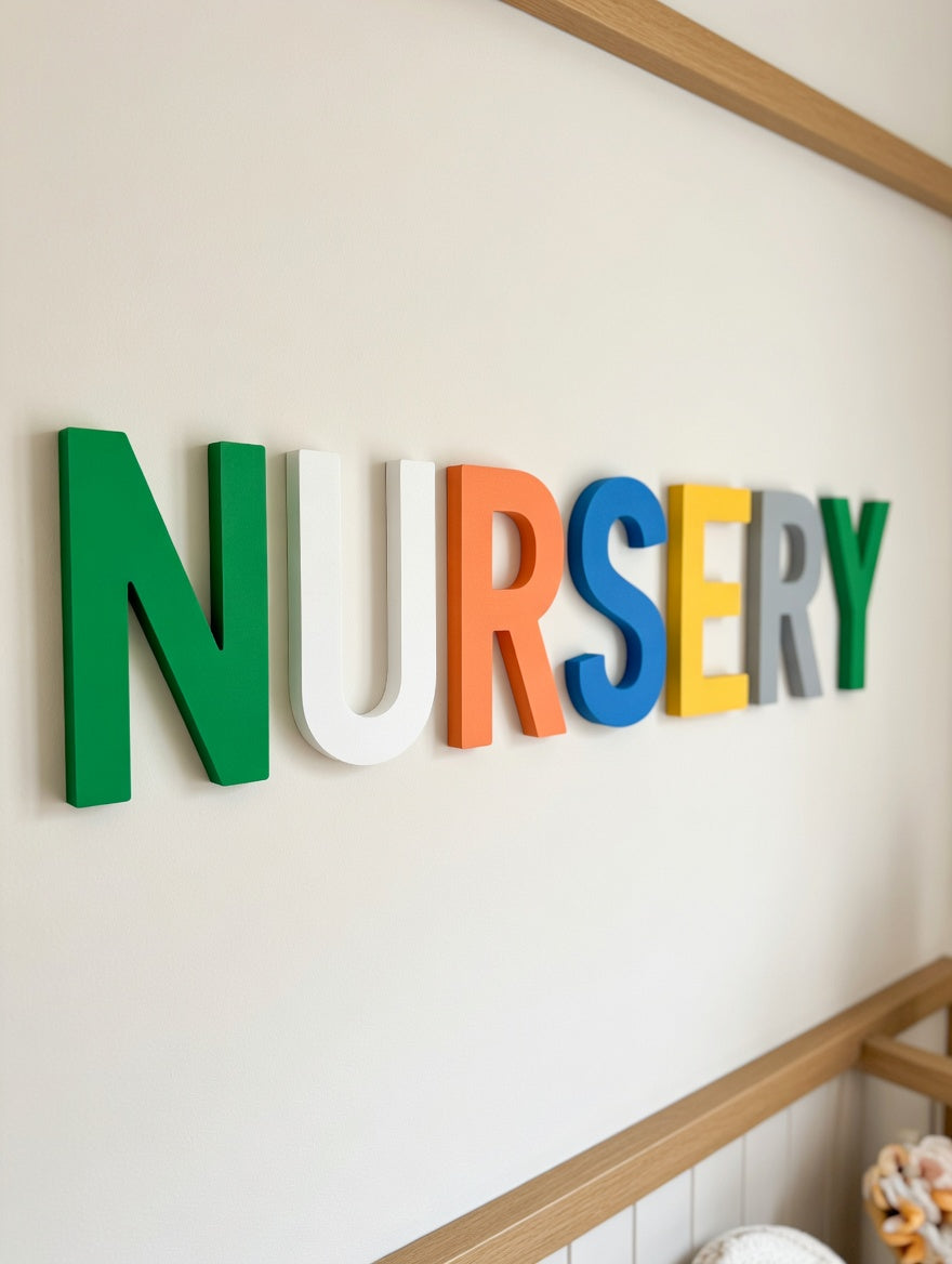 Coloured 3D printed letters on a nursery wall