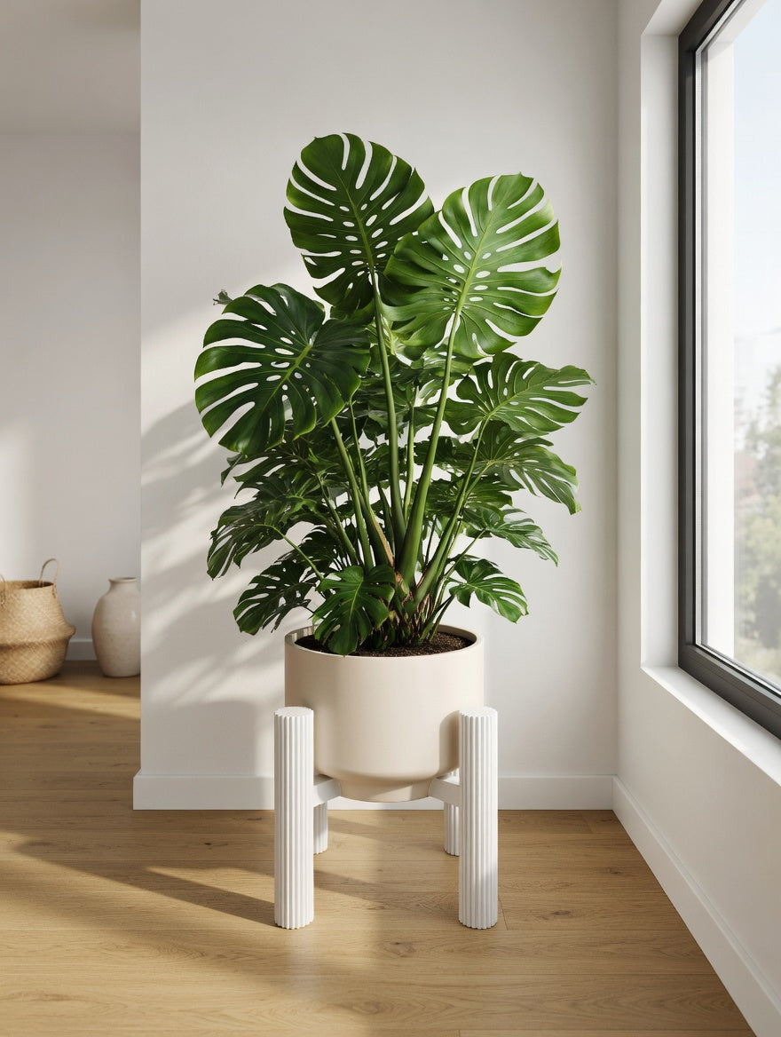 Round fluted plant stand with monstera in a modern room by the window
