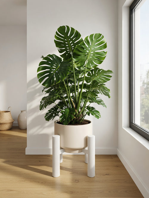 Round fluted plant stand with monstera in a modern room by the window