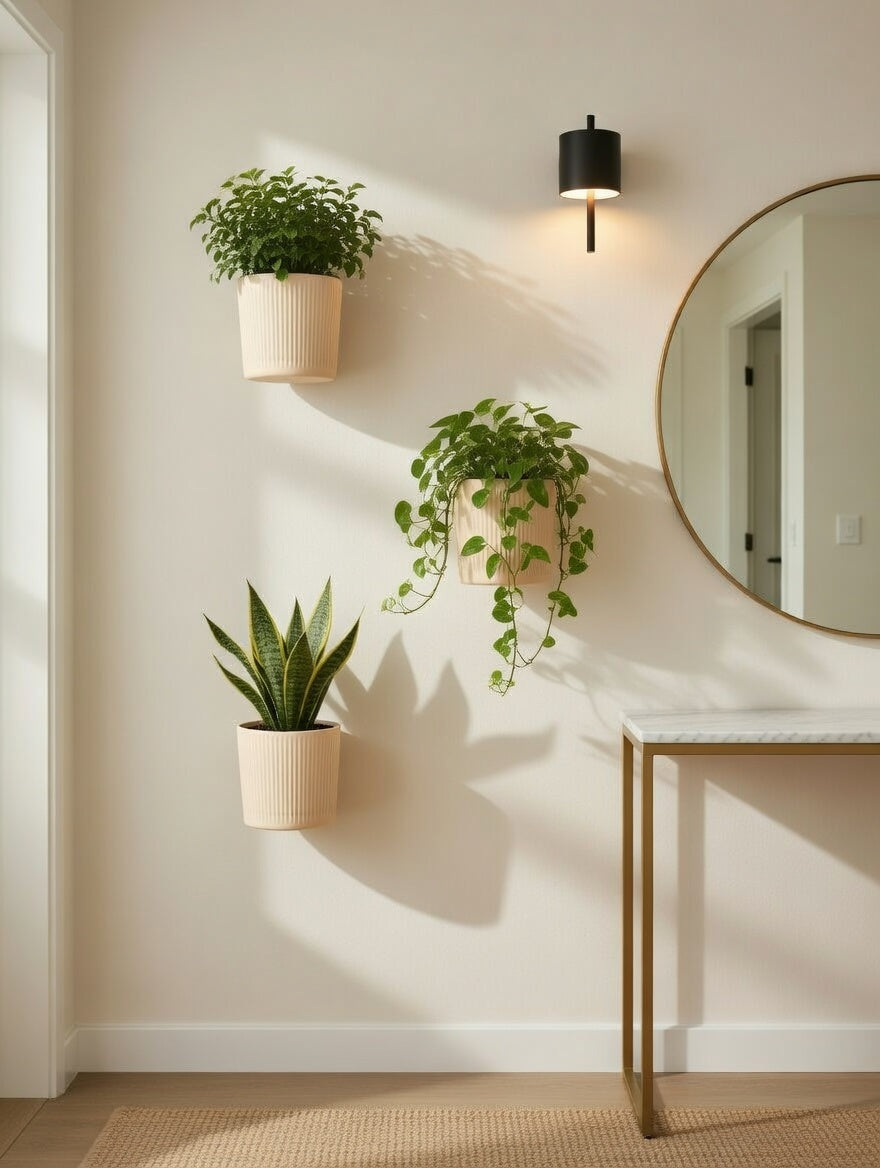 Round fluted wall planter in a hallway with mirror and console table