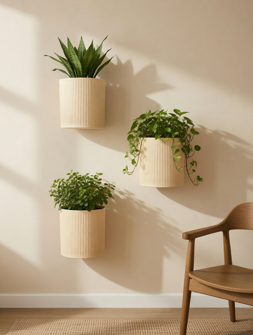 Round fluted wall planters with three plants styled in a modern living room