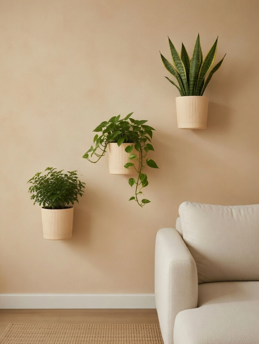 Three round fluted wall planters mounted above a living room sofa