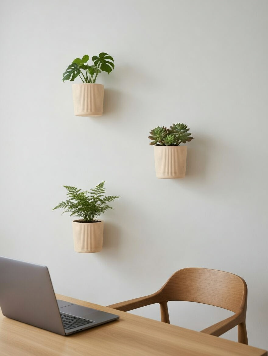 Round fluted wall planters bringing greenery to a home office desk