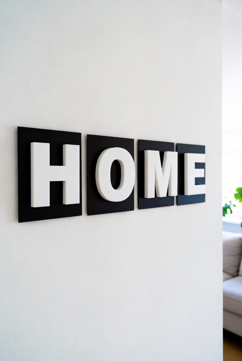 Two-colour shadow letters spelling HOME on a living room wall