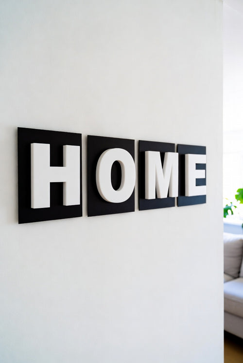 Two-colour shadow letters spelling HOME on a living room wall