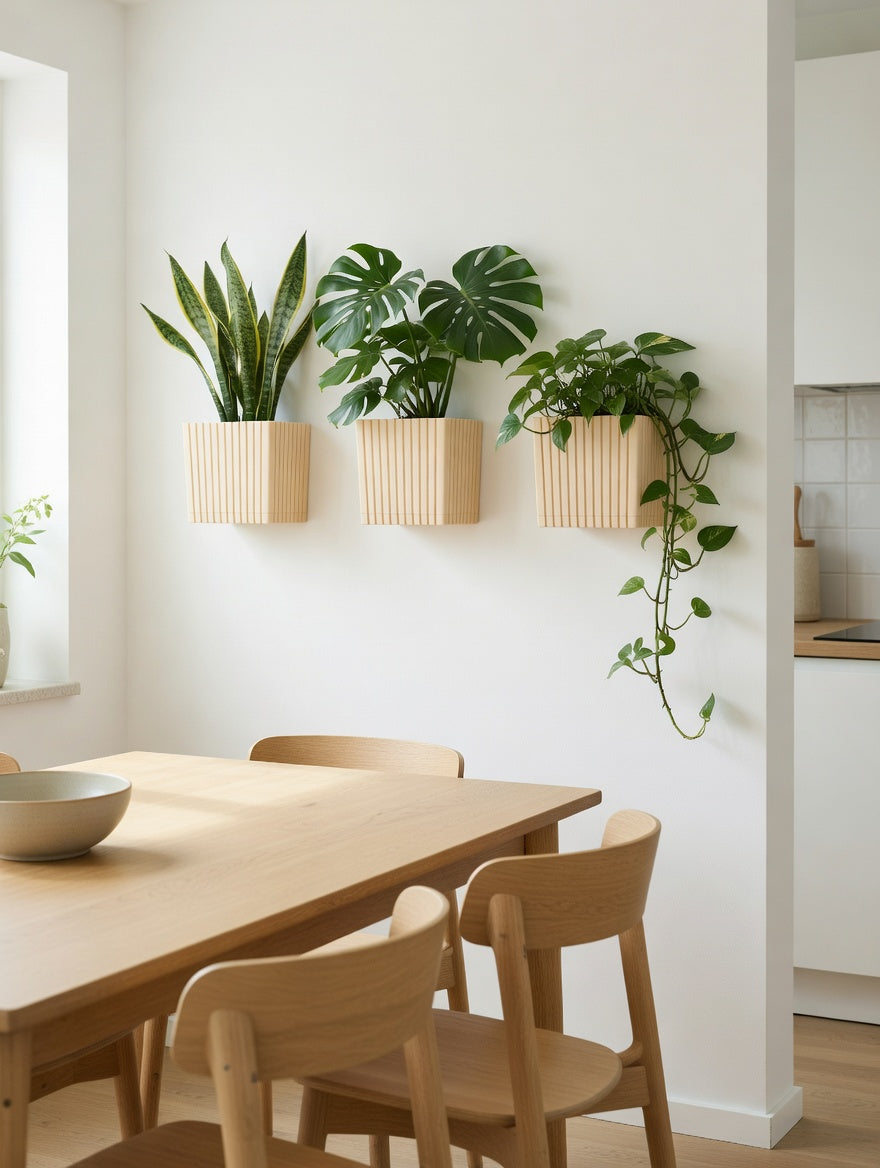 Square fluted wall planters with three plants styled in a dining room