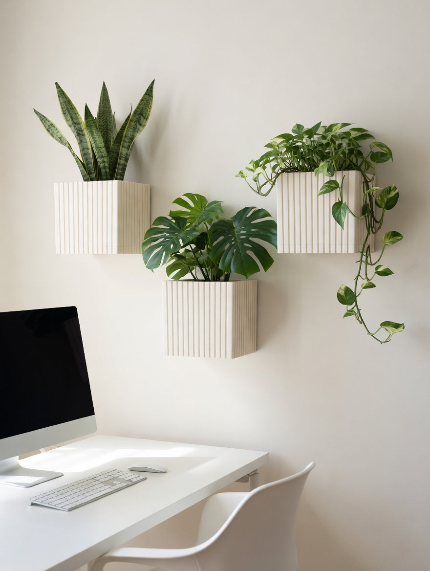 Ivory white square fluted wall planter in a home office above a desk