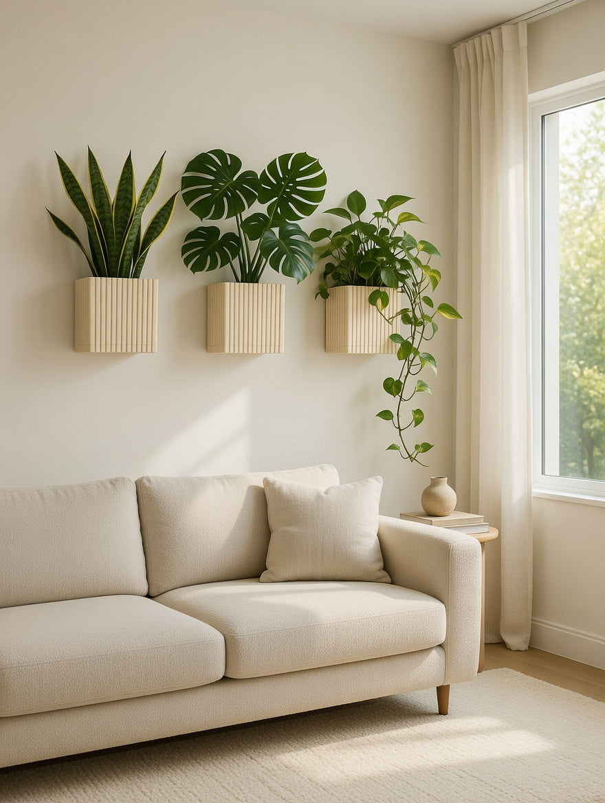 Three square fluted wall planters mounted above a living room sofa