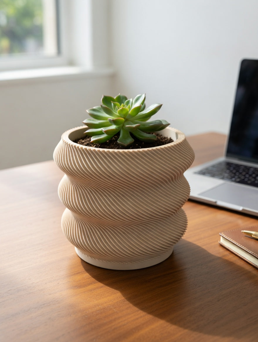 Wavy desk planter on a home office desk next to a laptop