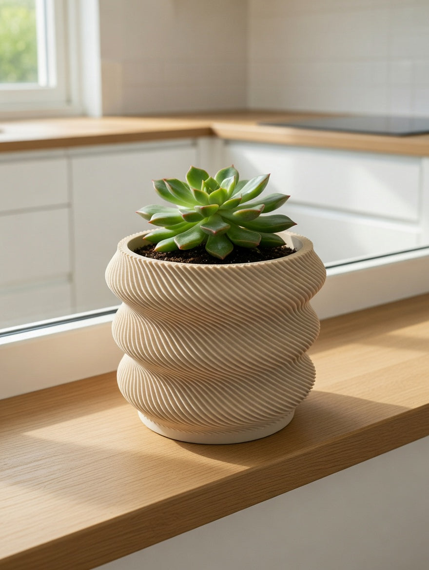 Wavy desk planter with succulent on a kitchen windowsill