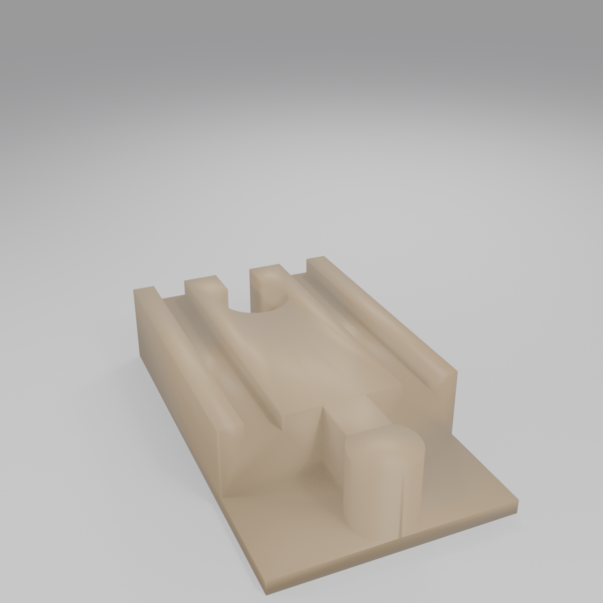 Wooden train track to DUPLO adapter with track connectors on top and DUPLO clutch underneath