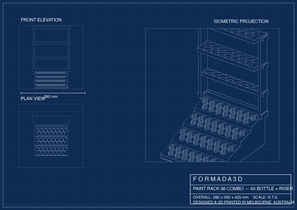 Paint rack 98 combo (60 bottle + riser) — combined technical blueprint, Formada3D