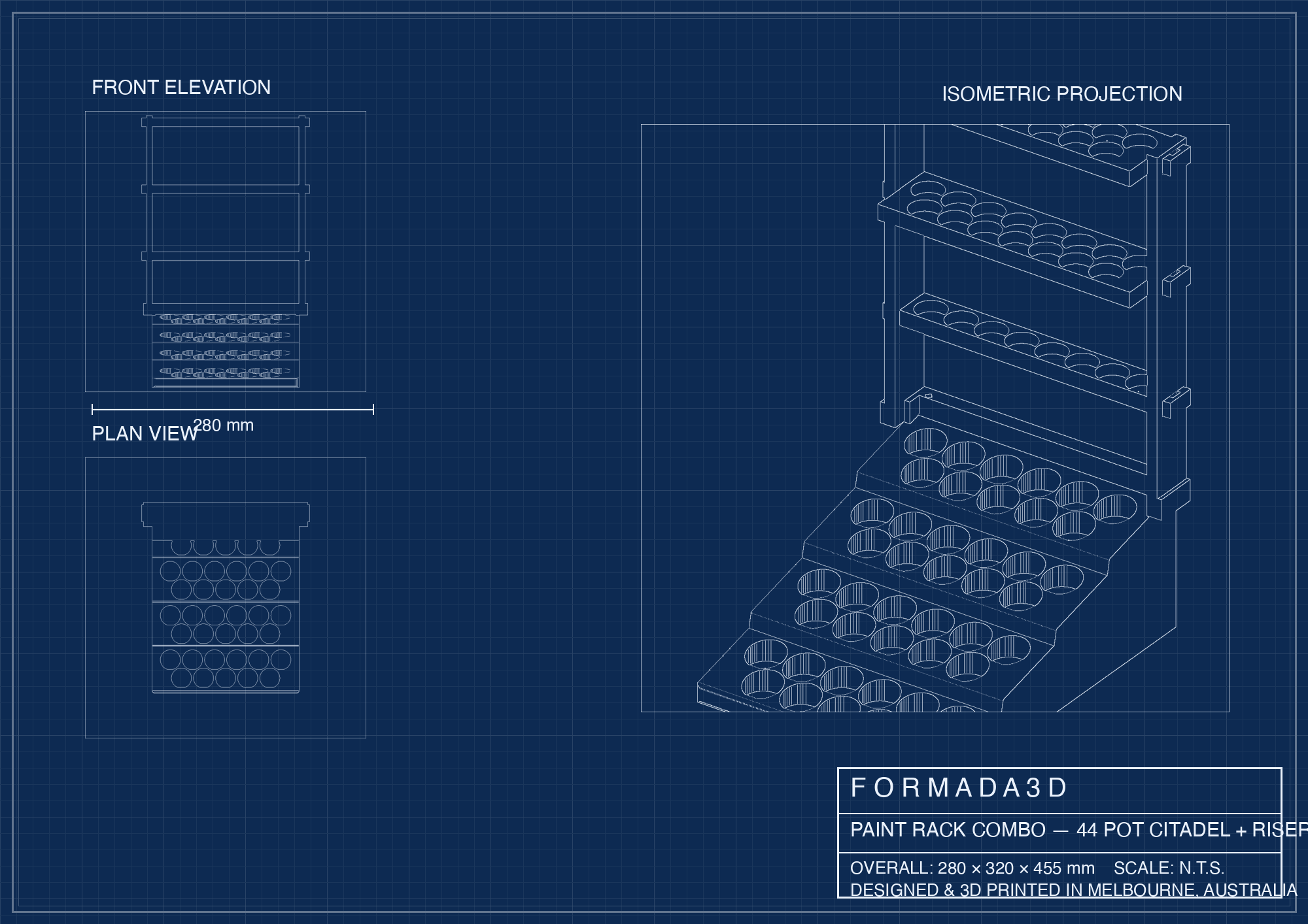Paint rack combo with citadel 44 pot rack + riser — combined technical blueprint, Formada3D