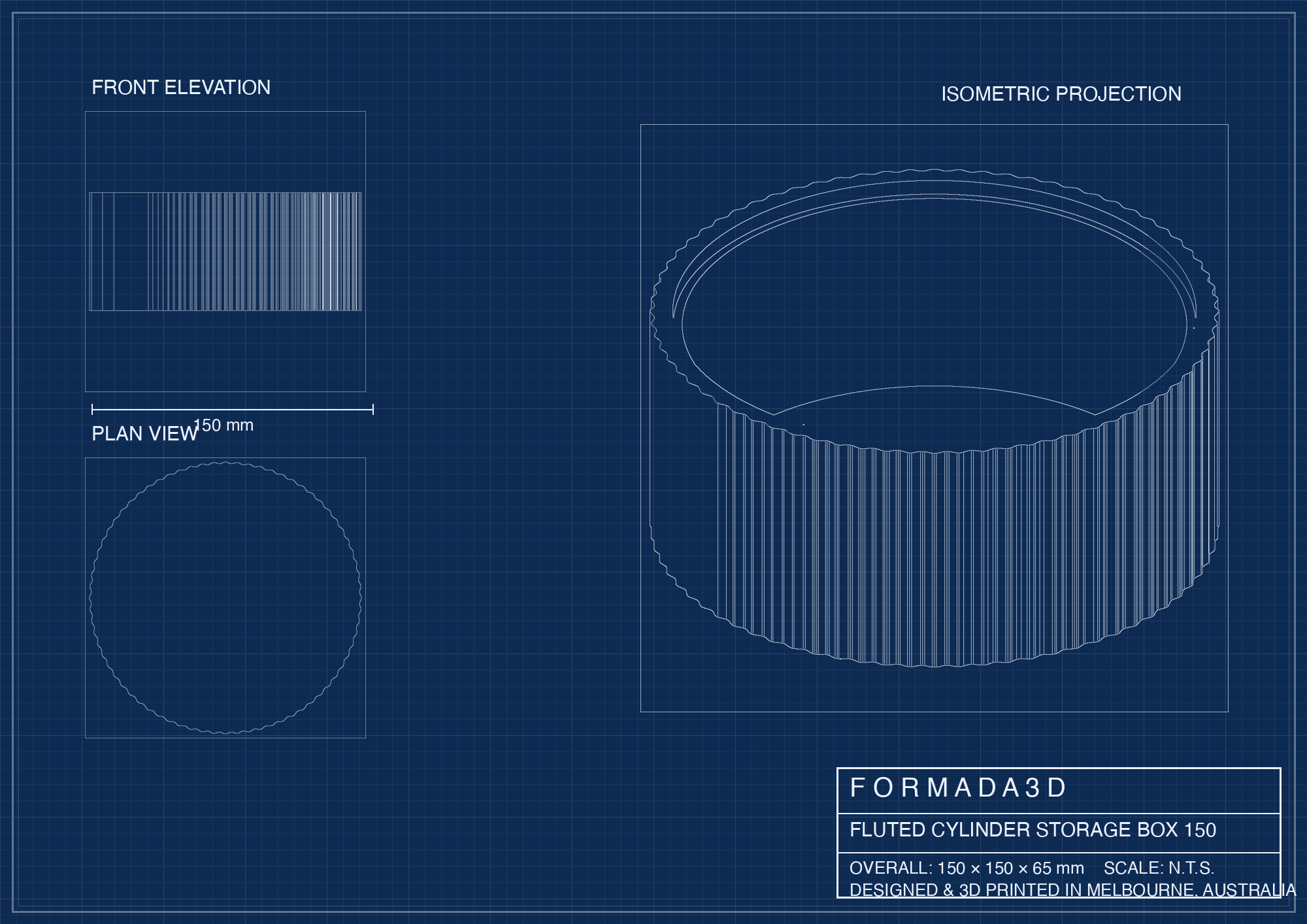 Fluted cylinder storage box — technical blueprint, Formada3D