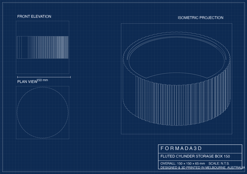 Fluted cylinder storage box — technical blueprint, Formada3D
