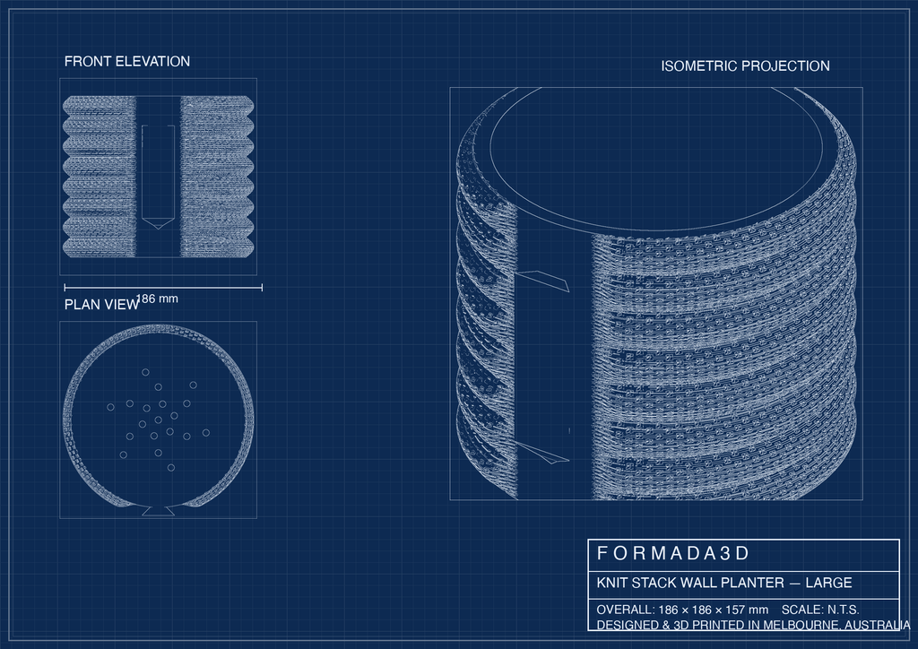 Knit stack desk planter — technical blueprint, Formada3D