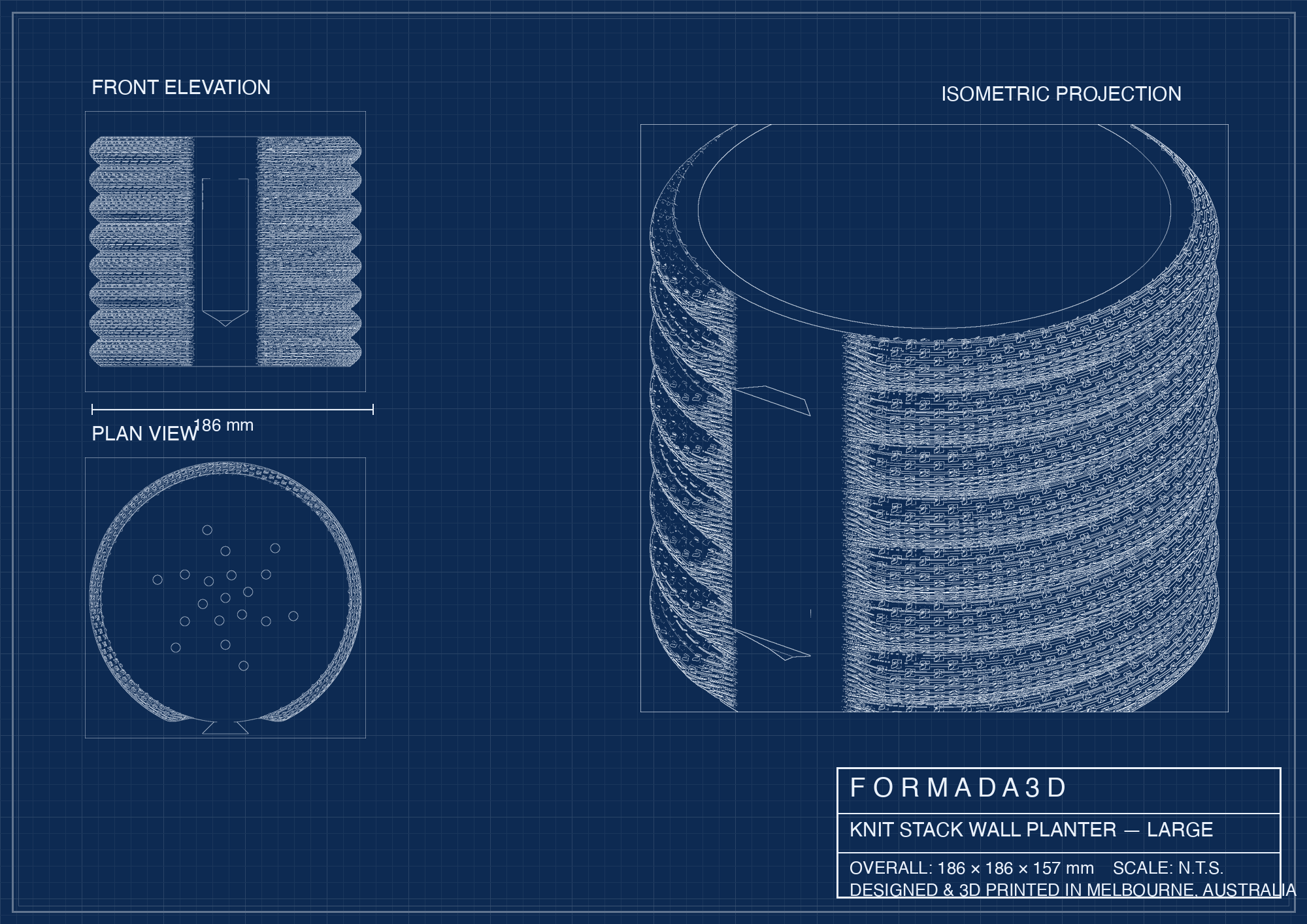 Knit stack desk planter — technical blueprint, Formada3D