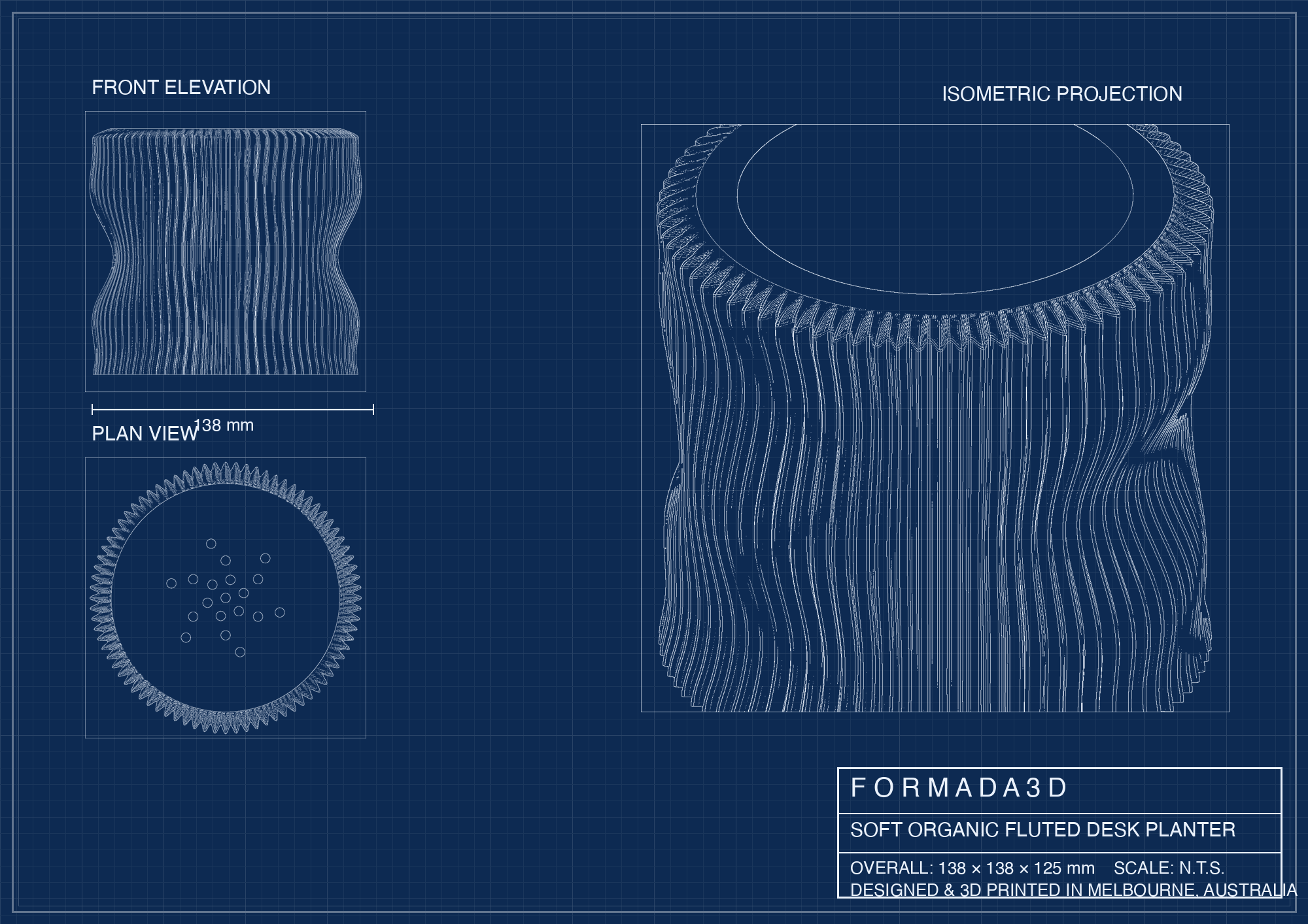 Soft organic fluted desk planter — technical blueprint, Formada3D