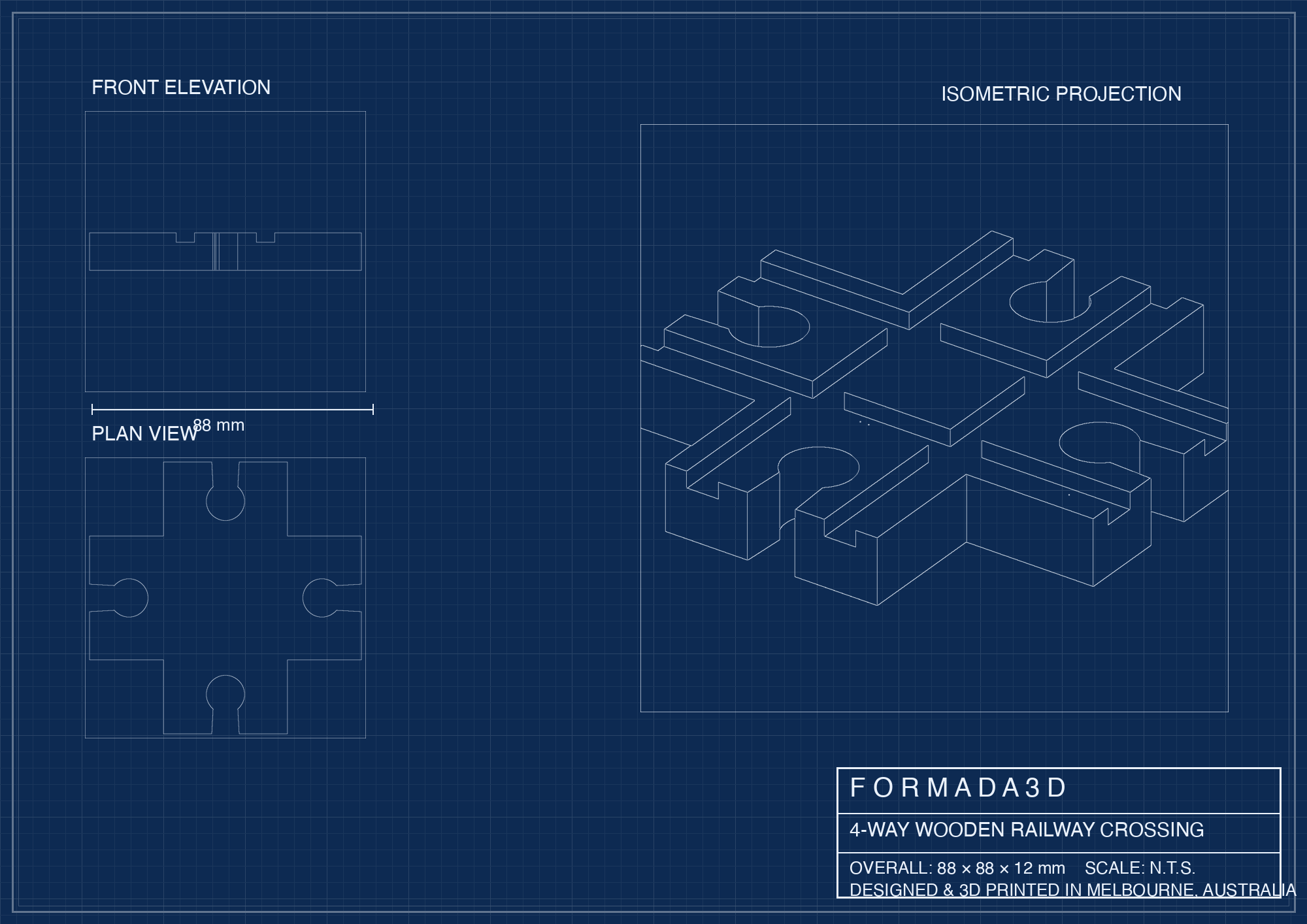 4-Way Train Track Crossing for BRIO IKEA Wooden Railway — technical blueprint drawing, Formada3D