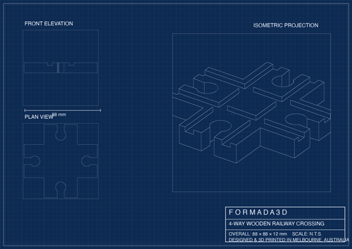 4-Way Train Track Crossing for BRIO IKEA Wooden Railway — technical blueprint drawing, Formada3D