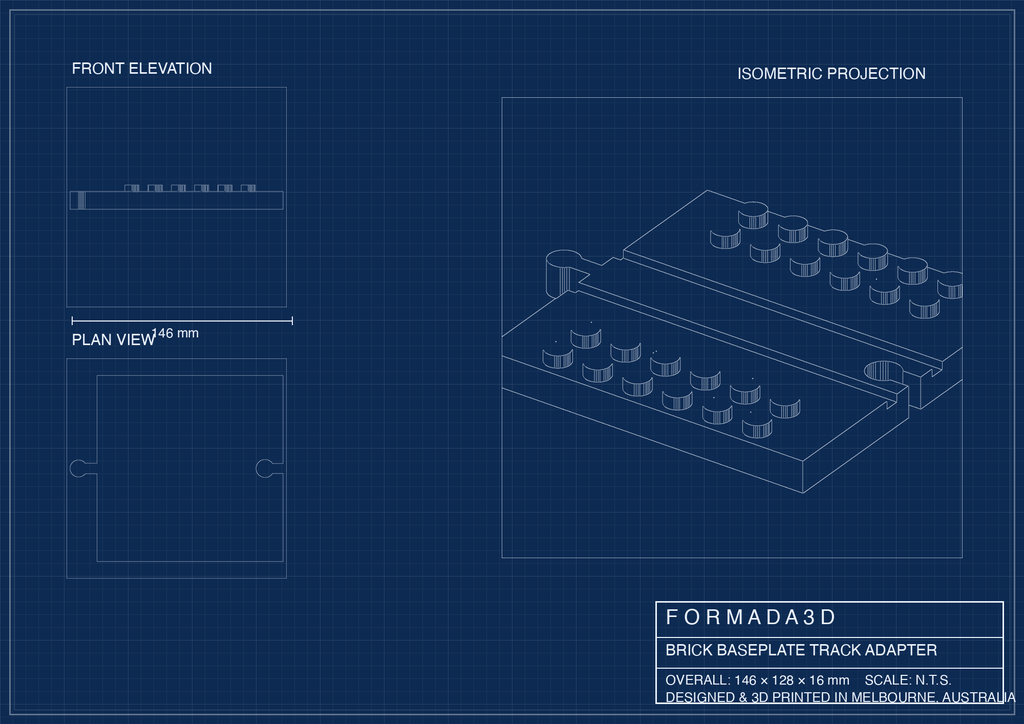 Train Track DUPLO Baseplate Tile — technical blueprint drawing, Formada3D