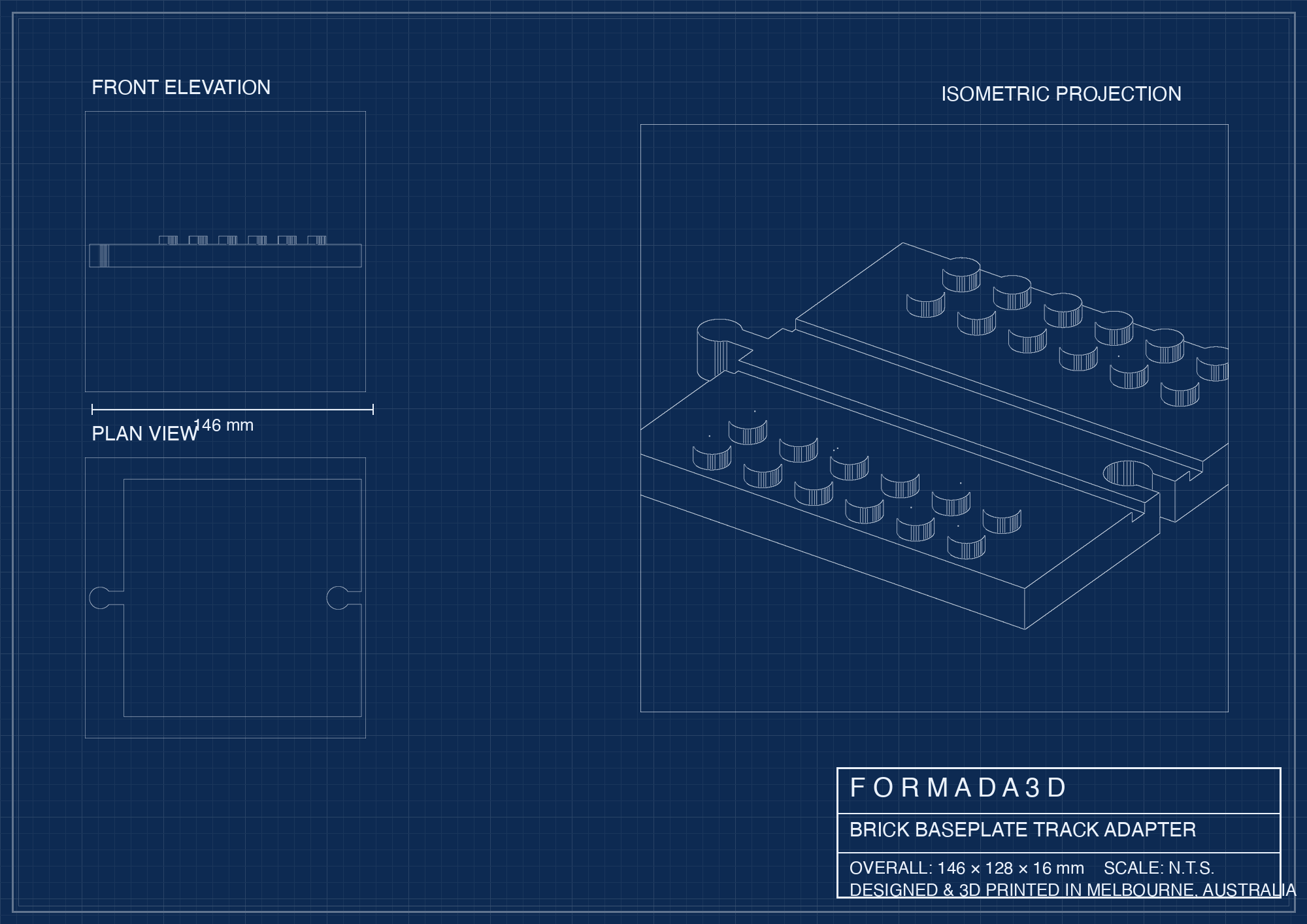 Train Track DUPLO Baseplate Tile — technical blueprint drawing, Formada3D