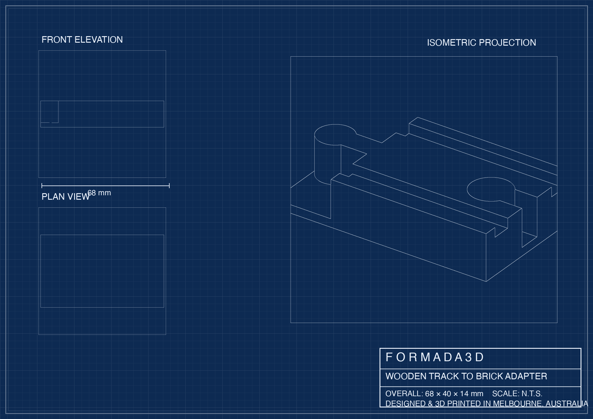 Wooden Train Track to DUPLO Adapter — technical blueprint drawing, Formada3D