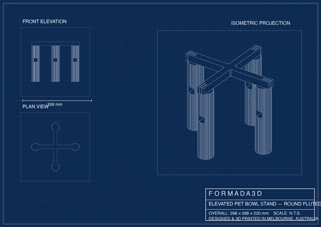 Elevated dog bowl stand fits Yeti Boomer 8 — technical blueprint, Formada3D