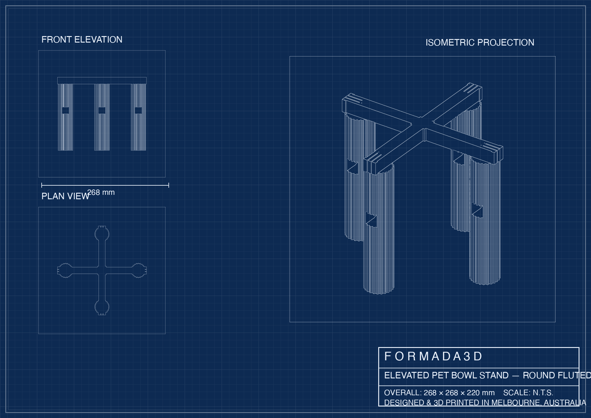 Elevated dog bowl stand fits Yeti Boomer 8 — technical blueprint, Formada3D