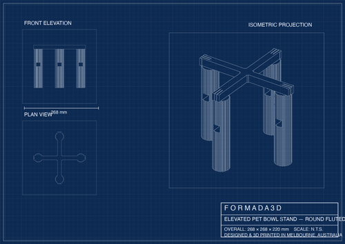 Elevated dog bowl stand fits Yeti Boomer 8 — technical blueprint, Formada3D