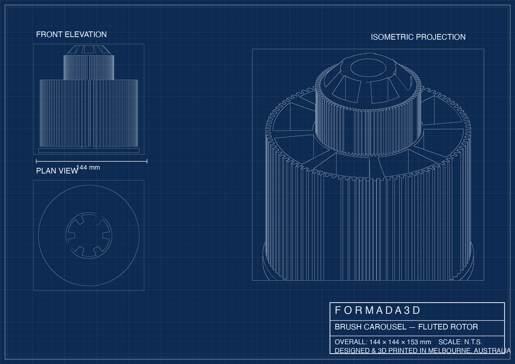 Technical blueprint of the Formada3D rotating brush carousel, 144 x 144 x 153 mm