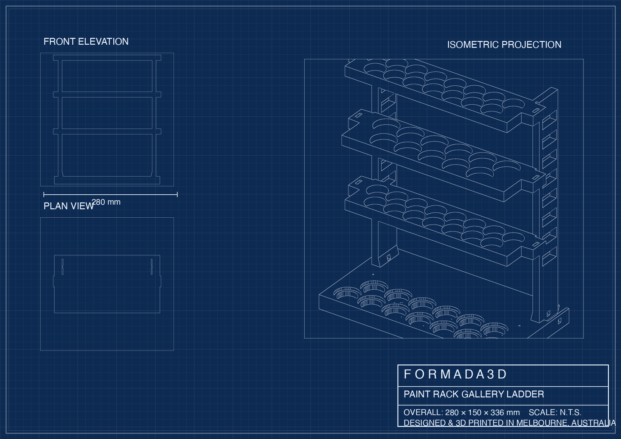 Technical blueprint of the Formada3D paint rack gallery ladder, 280 x 150 x 336 mm