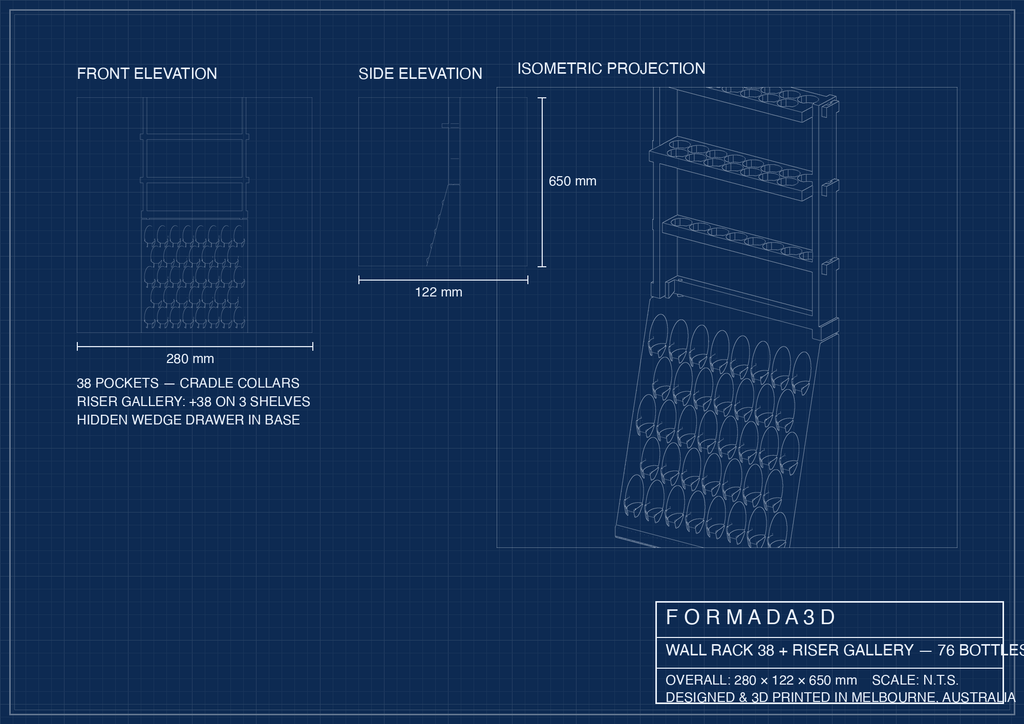Technical blueprint: wall rack 38 + riser gallery mounted at the wall side, 650 mm assembled
