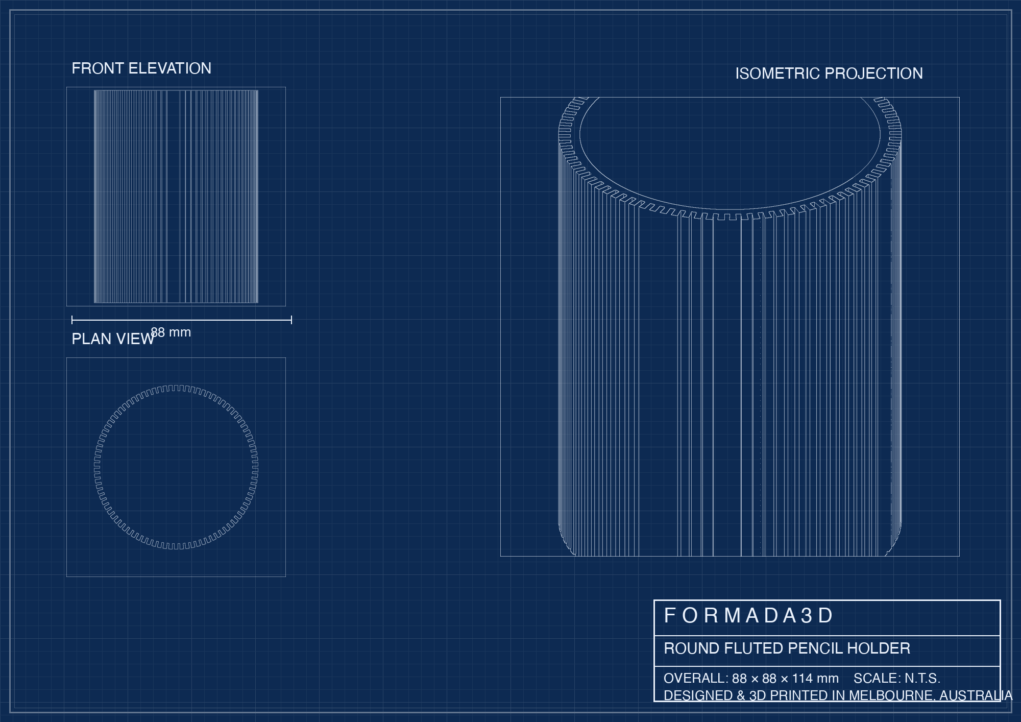 Round Fluted Pencil Holder technical blueprint - FORMADA3D