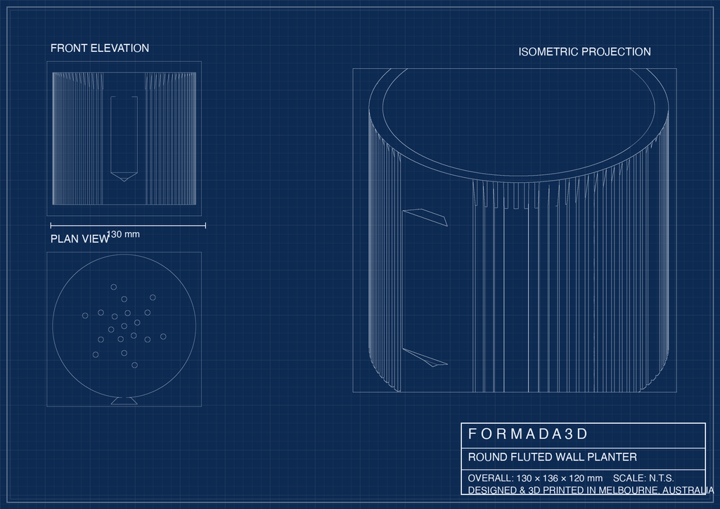Round Fluted Wall Planter technical blueprint - FORMADA3D