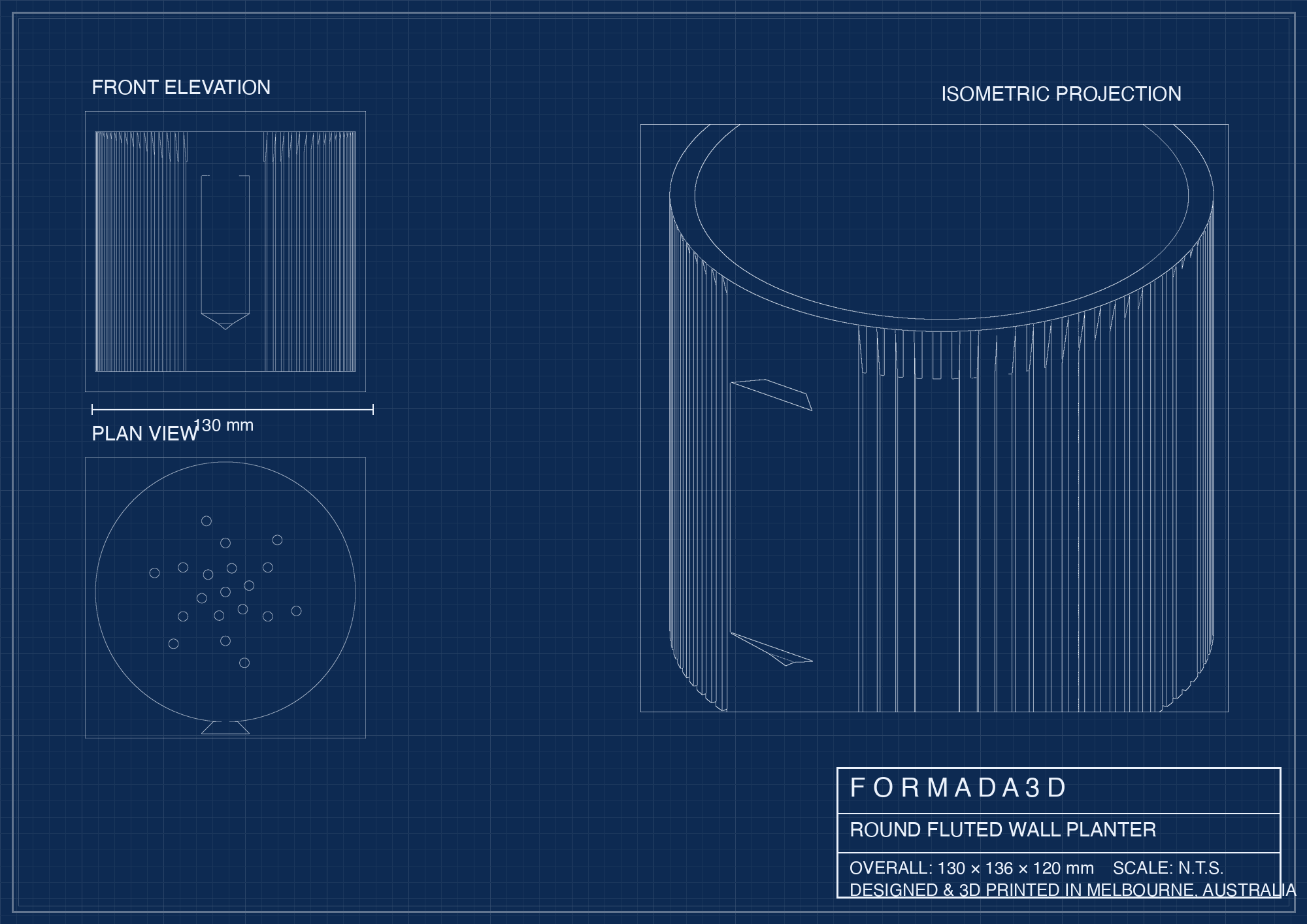Round Fluted Wall Planter technical blueprint - FORMADA3D
