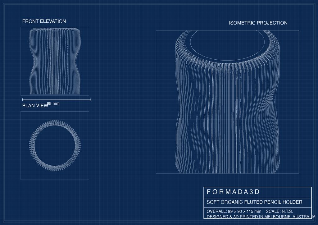 Soft Organic Fluted Pencil Holder technical blueprint - FORMADA3D