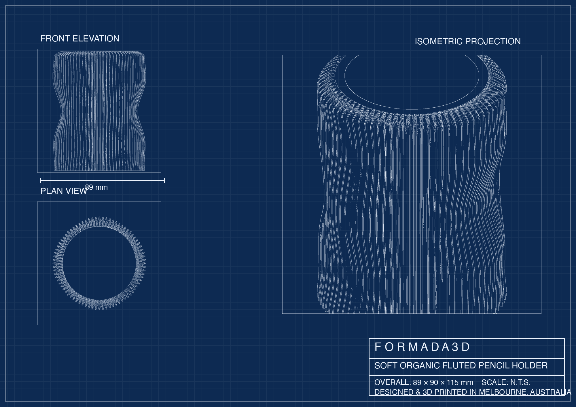Soft Organic Fluted Pencil Holder technical blueprint - FORMADA3D