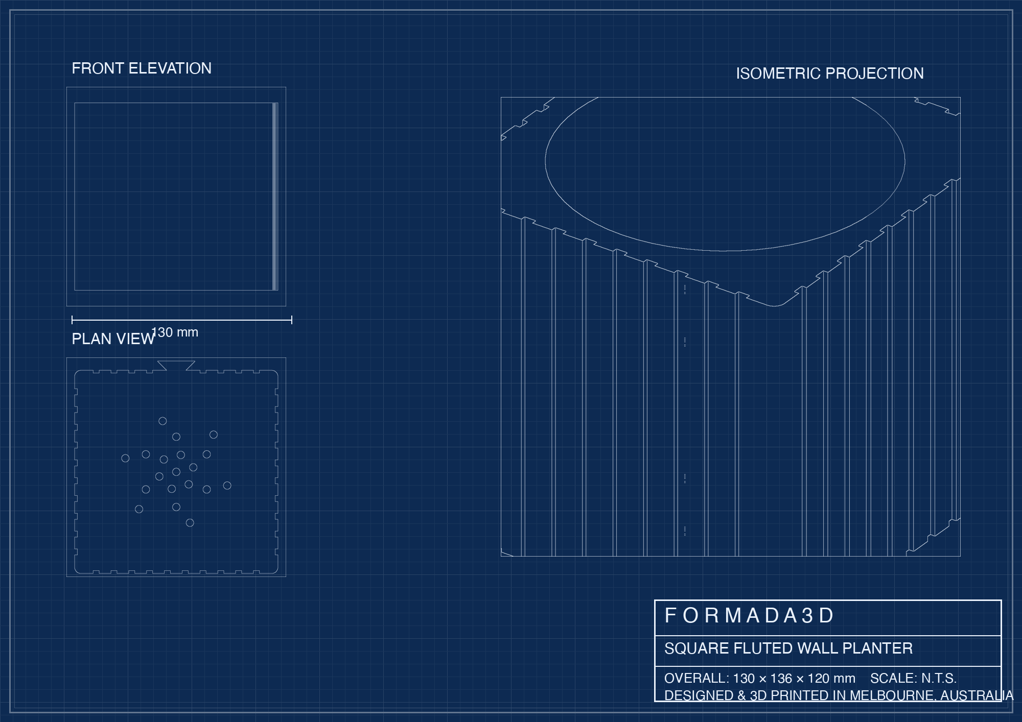 Square Fluted Wall Planter technical blueprint - FORMADA3D