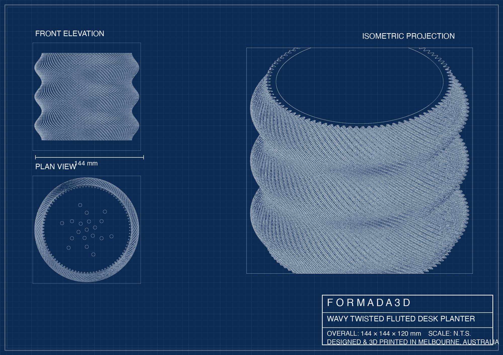 Wavy Twisted Fluted Desk Planter technical blueprint - FORMADA3D