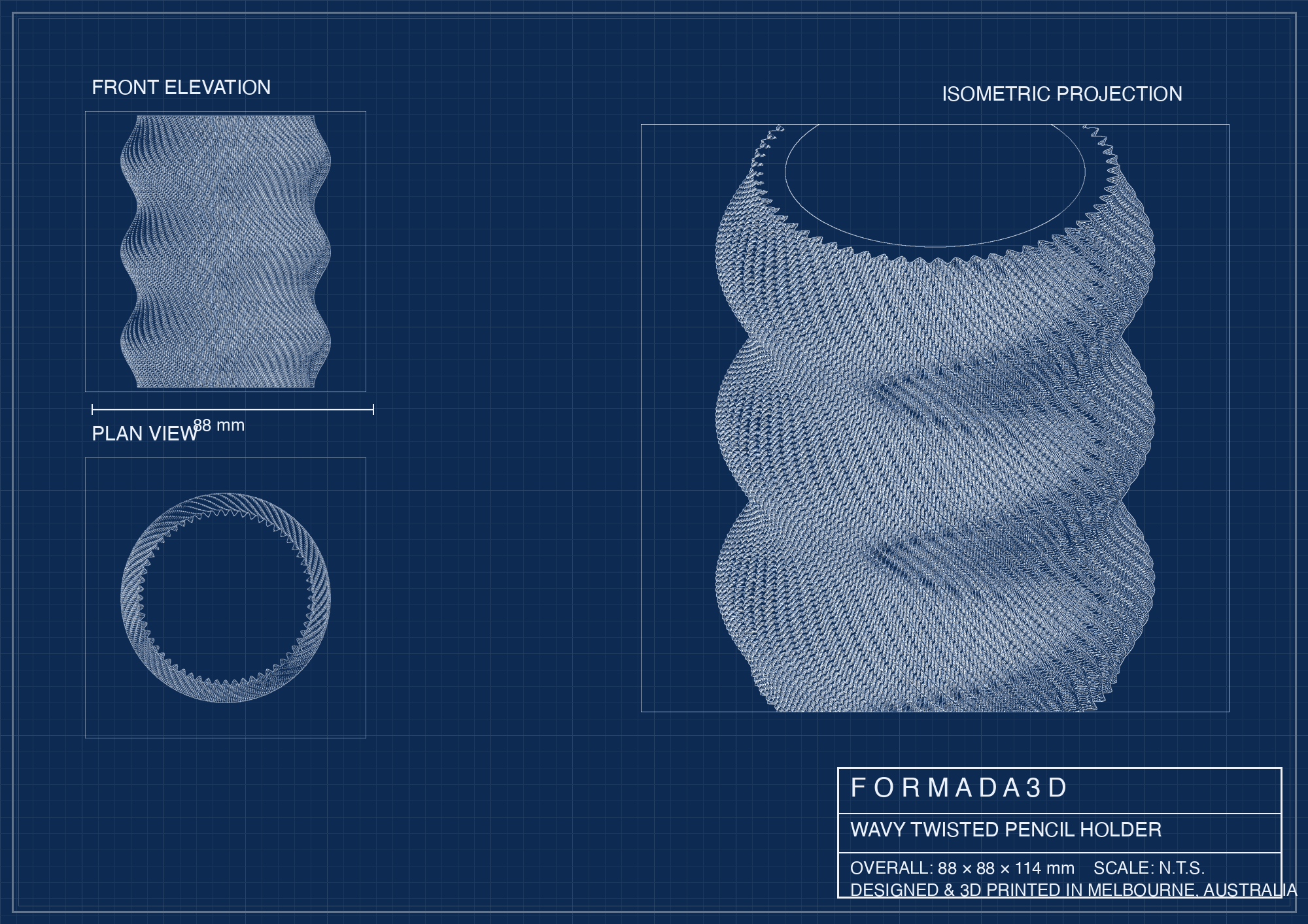 Wavy Twisted Pencil Holder technical blueprint - FORMADA3D