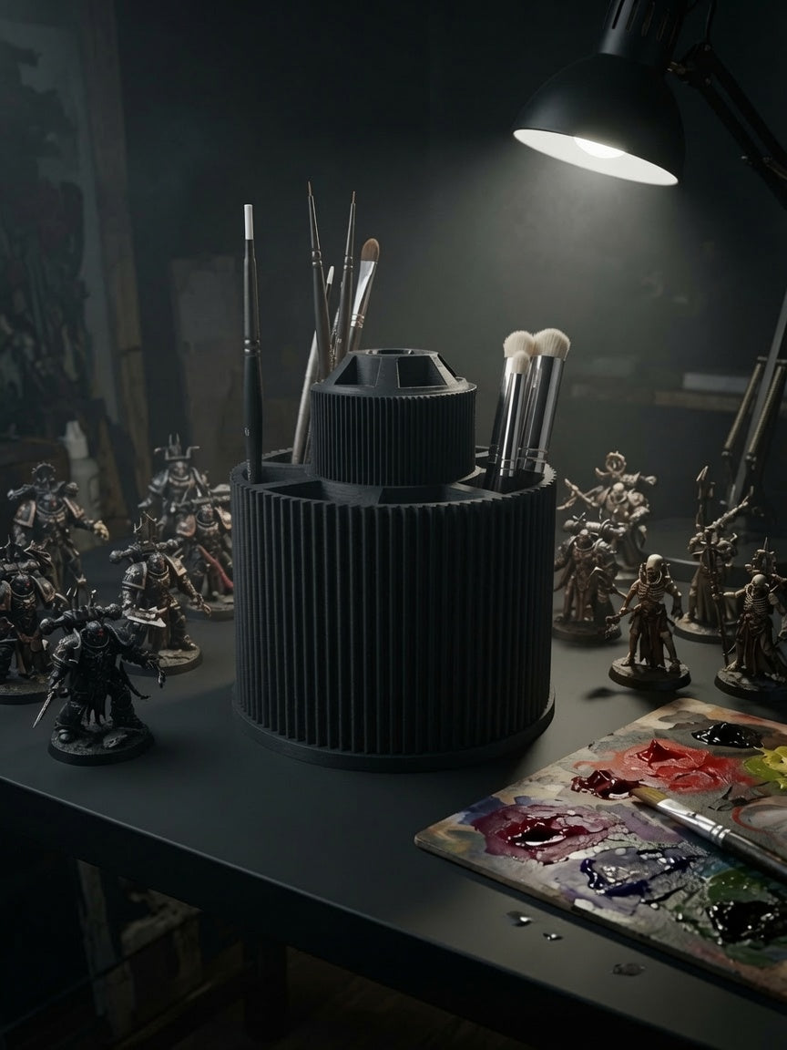 Black brush carousel in a moody miniature painting studio scene