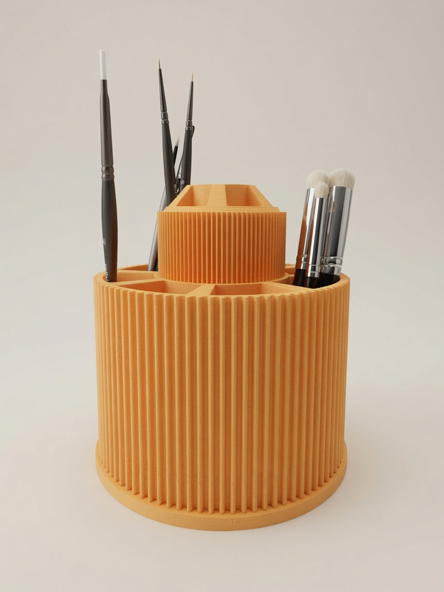 Rotating brush carousel in mandarin orange loaded with paint and makeup brushes, angled hero view