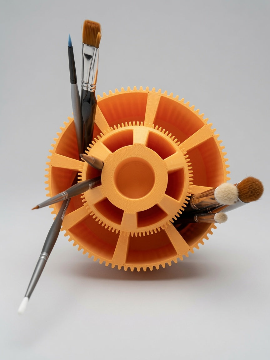 Top-down view of the brush carousel with brushes in the sector wells